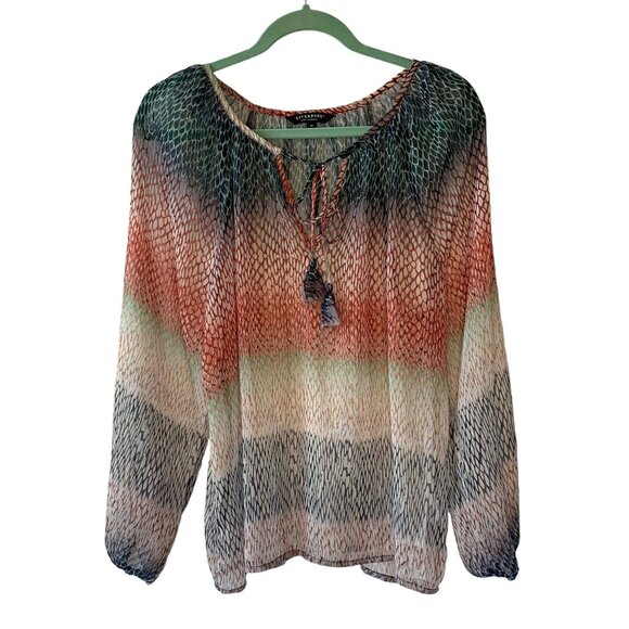 LIVERPOOL Los Angeles Navy + Orange Sheer Printed Women's Peasant Blouse Medium - Picture 3 of 10